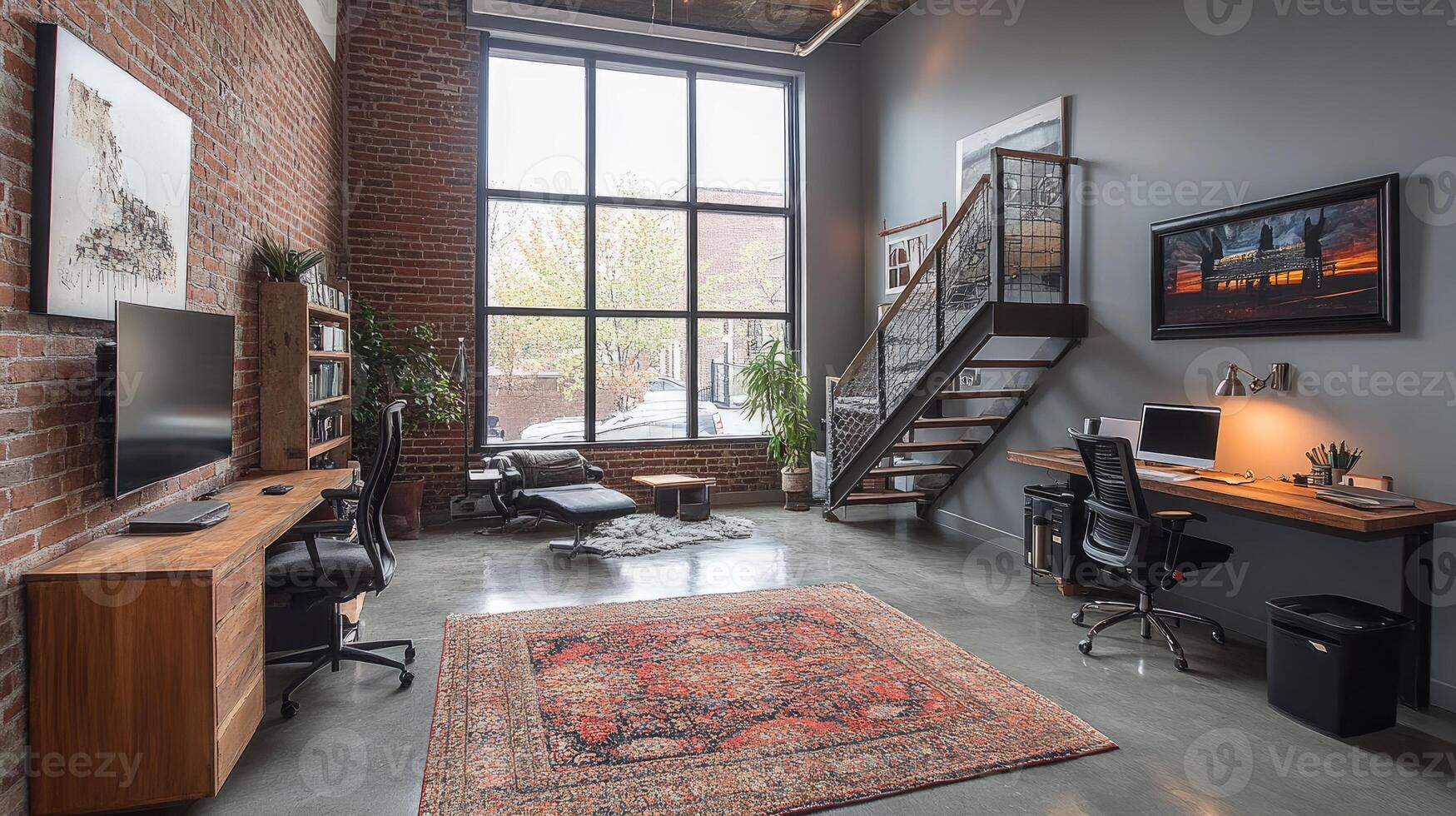 Modern open plan office interior with exposed brick walls and sunlight streaming through windows photo