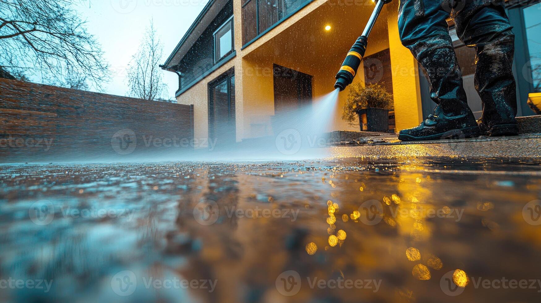 Cleaning service worker uses a pressure washer to clean a driveway photo