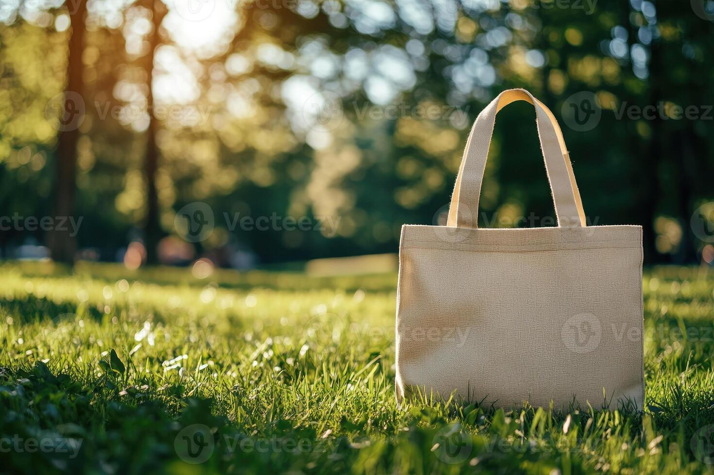 White tote bag standing in the grass of a park during a sunny day photo