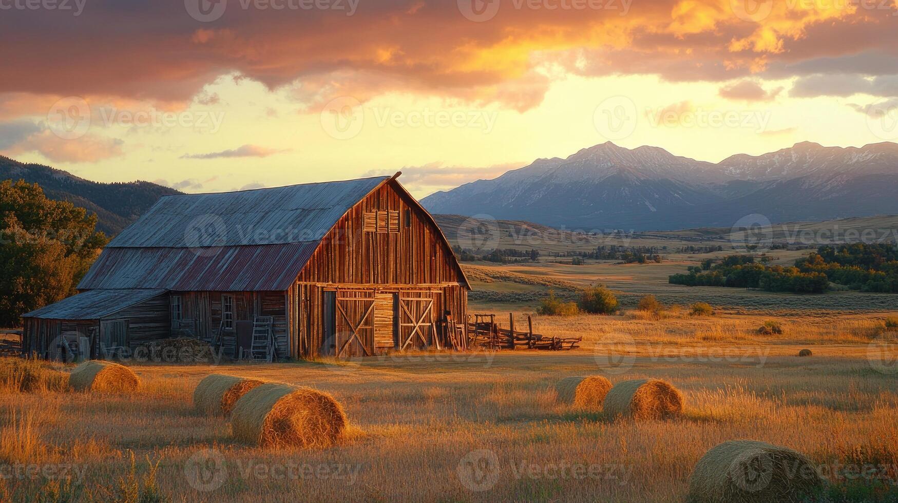 Red barn standing in field at sunset with golden hay bale photo