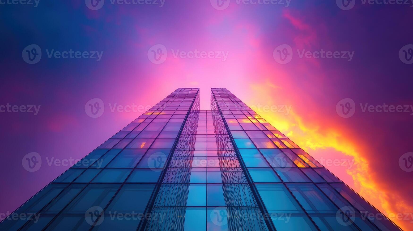 Modern office building exterior reflecting vibrant sunset colors photo