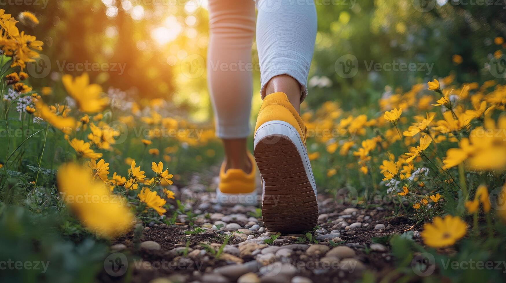 Woman walking away on gravel path surrounded by flowers photo