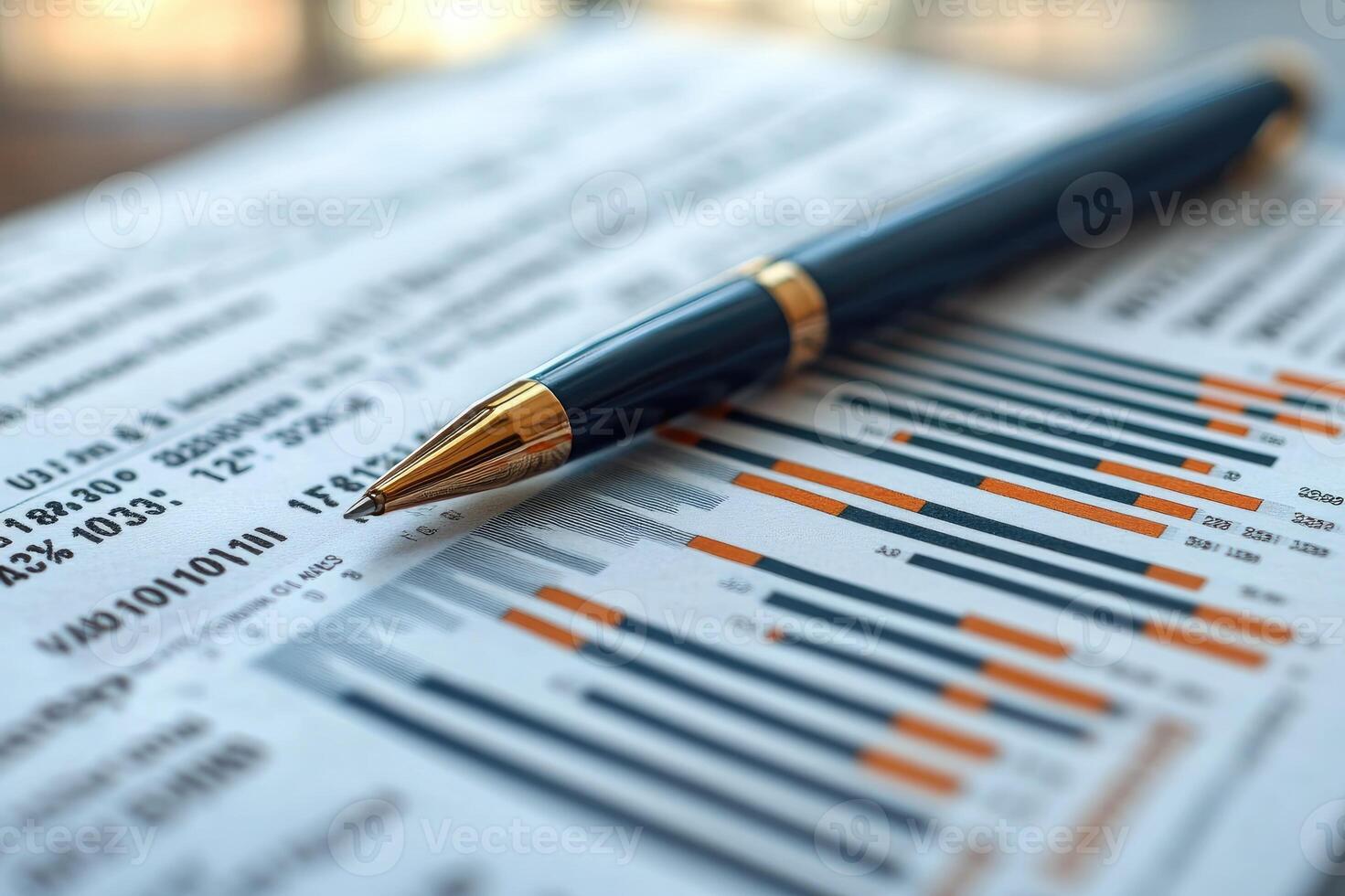 Elegant pen resting on financial report with charts and numbers photo