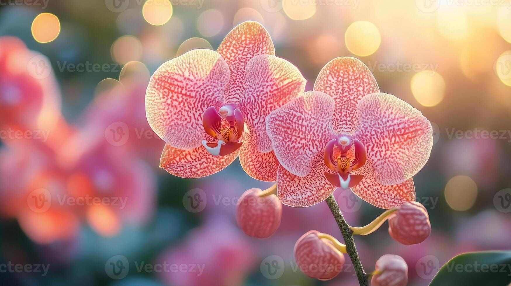 Branch of beautiful orange orchids is blooming with bokeh background photo