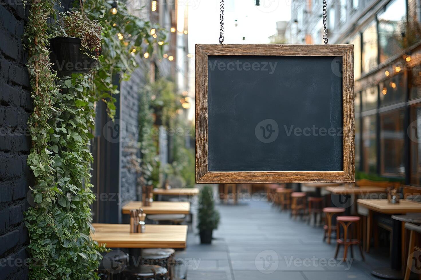 Empty blackboard hanging in front of a restaurant on a blurred street photo