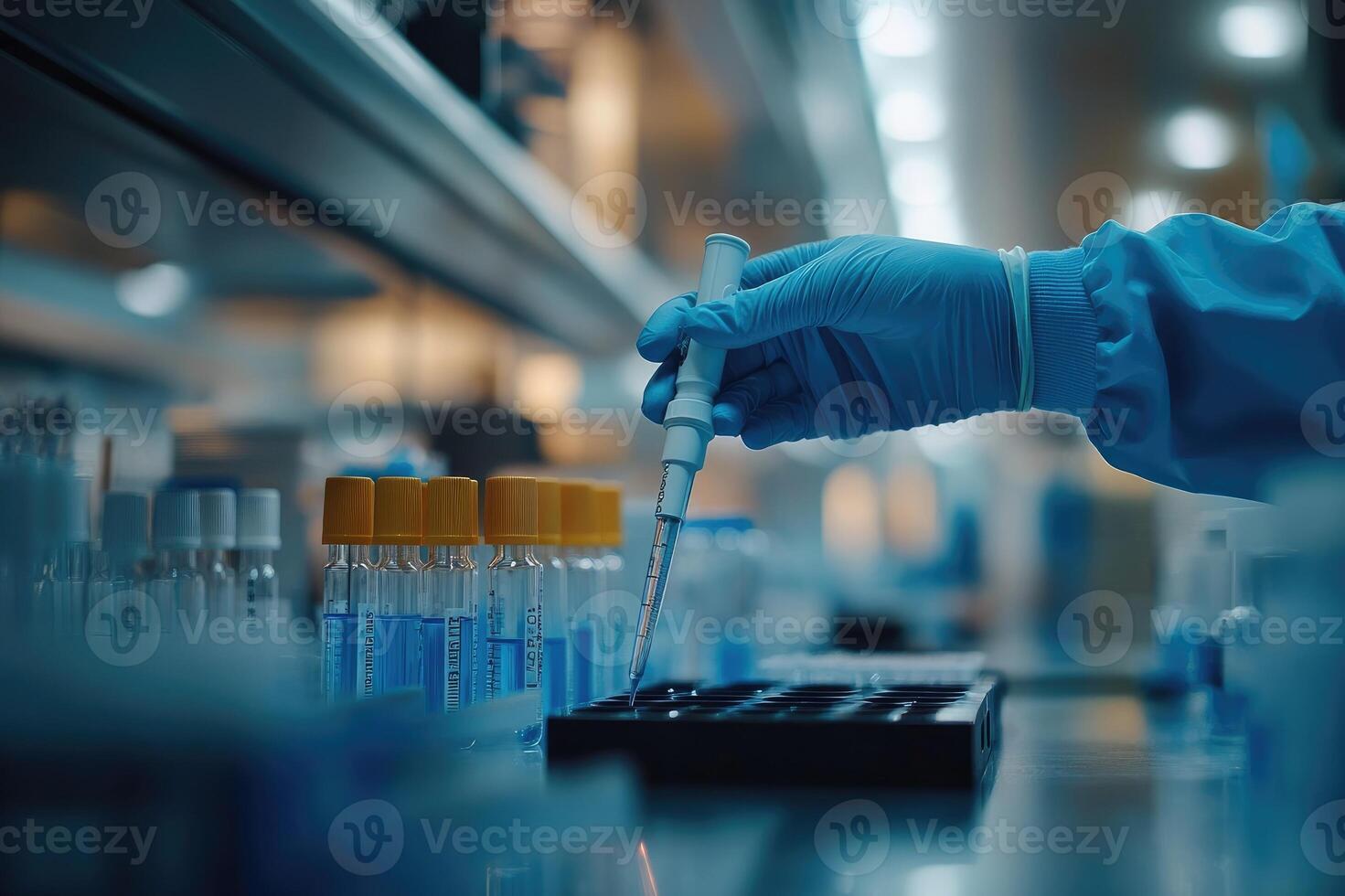 Scientist analyzing samples in modern laboratory using micropipette photo