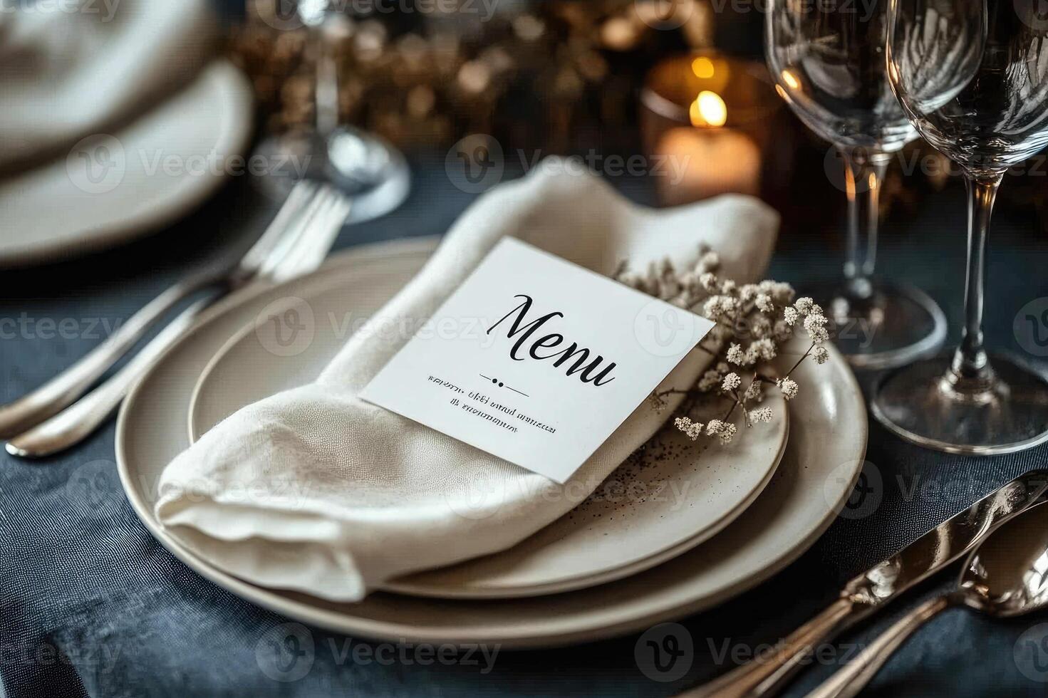 Elegant menu lying on table setting for wedding reception dinner party photo
