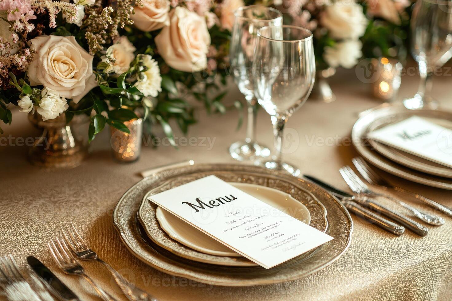 Elegant wedding reception table setting with menu and flowers photo