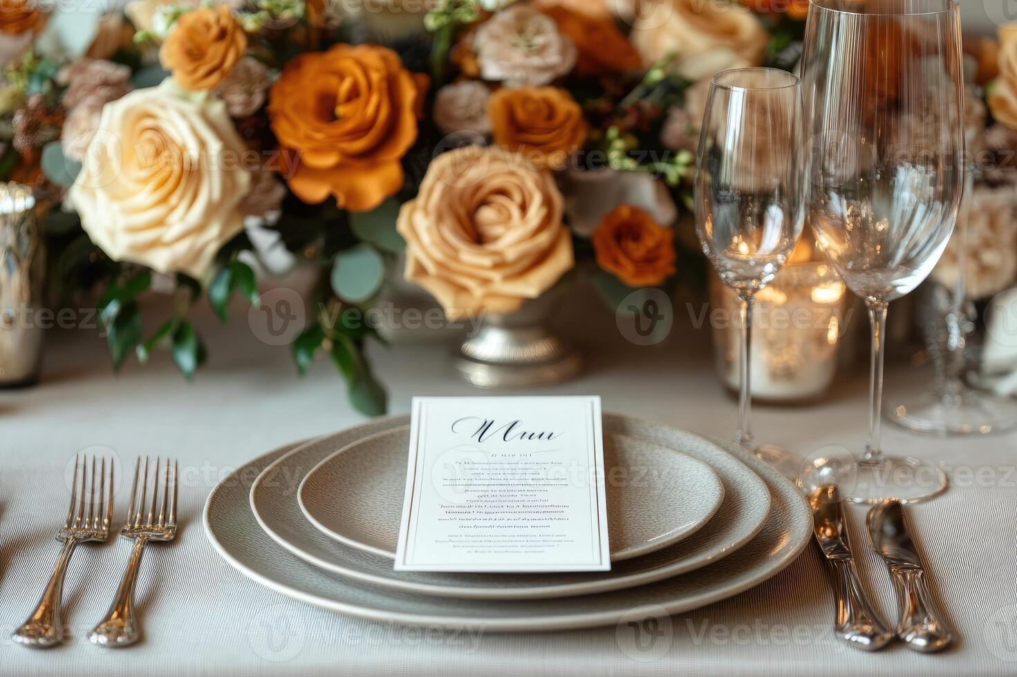Elegant menu lying on table set for dinner in a restaurant photo