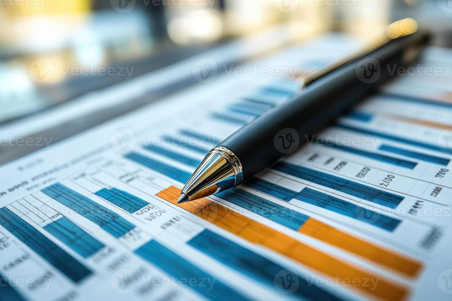 Pen lying on paper showing bar charts representing financial data photo