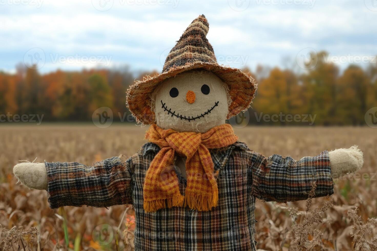 Smiling scarecrow wearing a hat and scarf standing in a cornfield photo