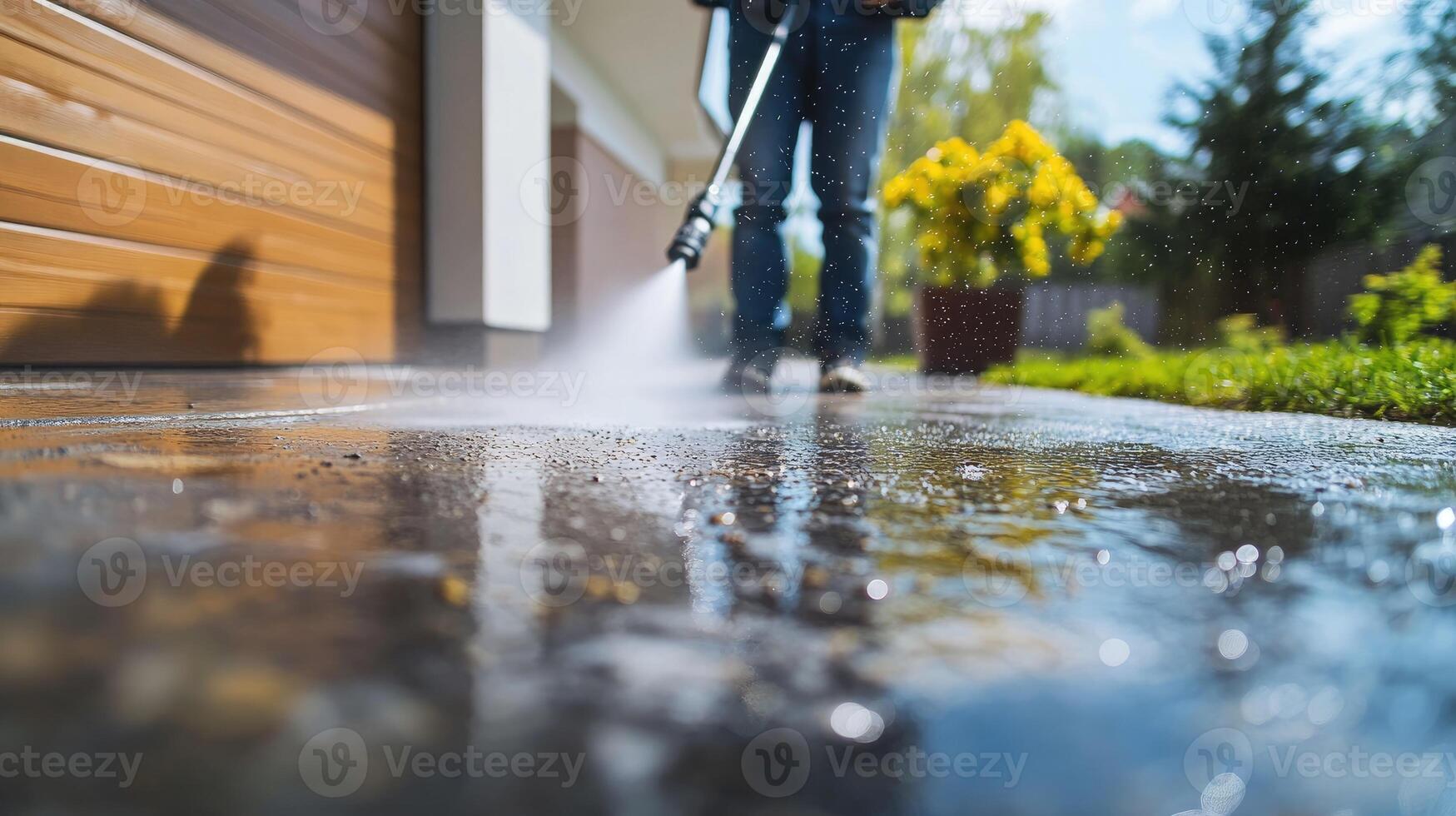 Worker is cleaning a driveway with a pressure washer photo
