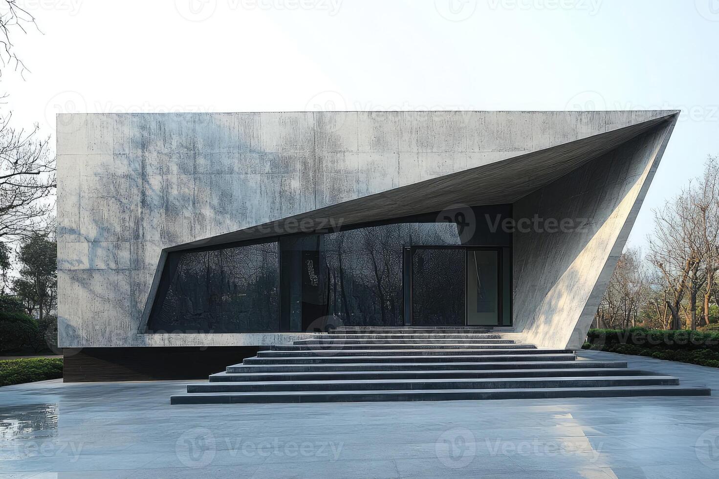 Modern building exterior with angled walls and stairs photo