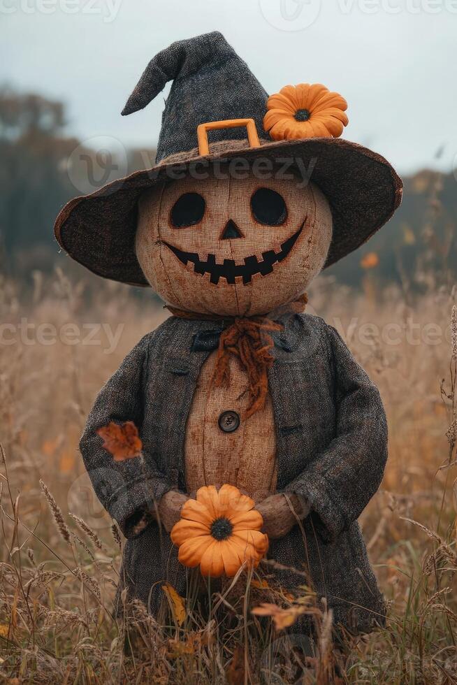 Scarecrow wearing a hat standing in a field of flowers photo