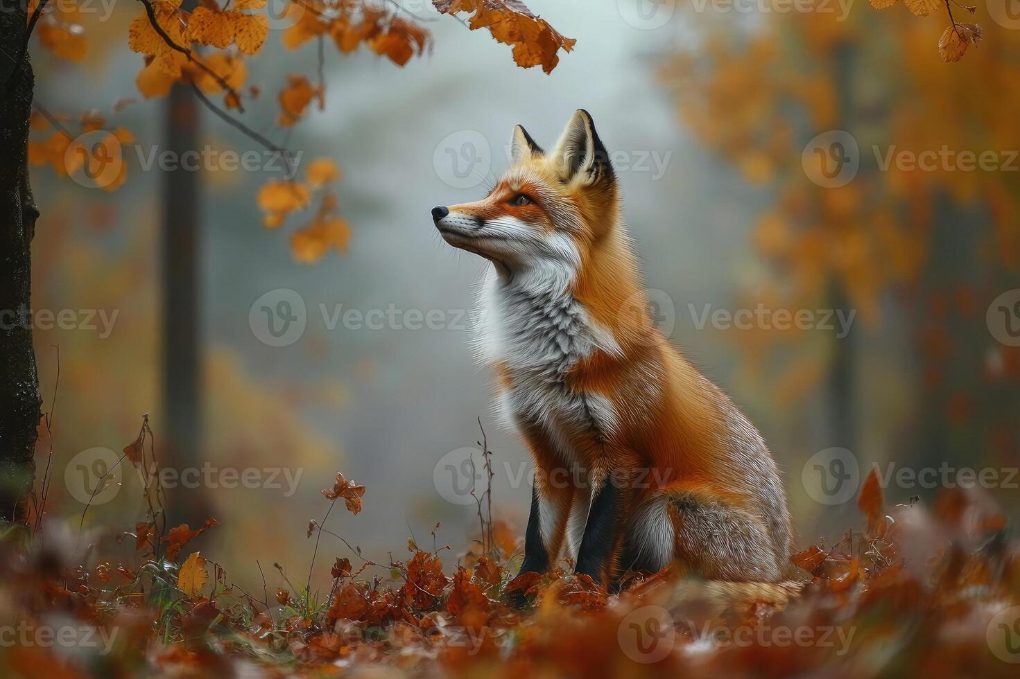 Red fox sitting in autumn leaves looking up intently photo