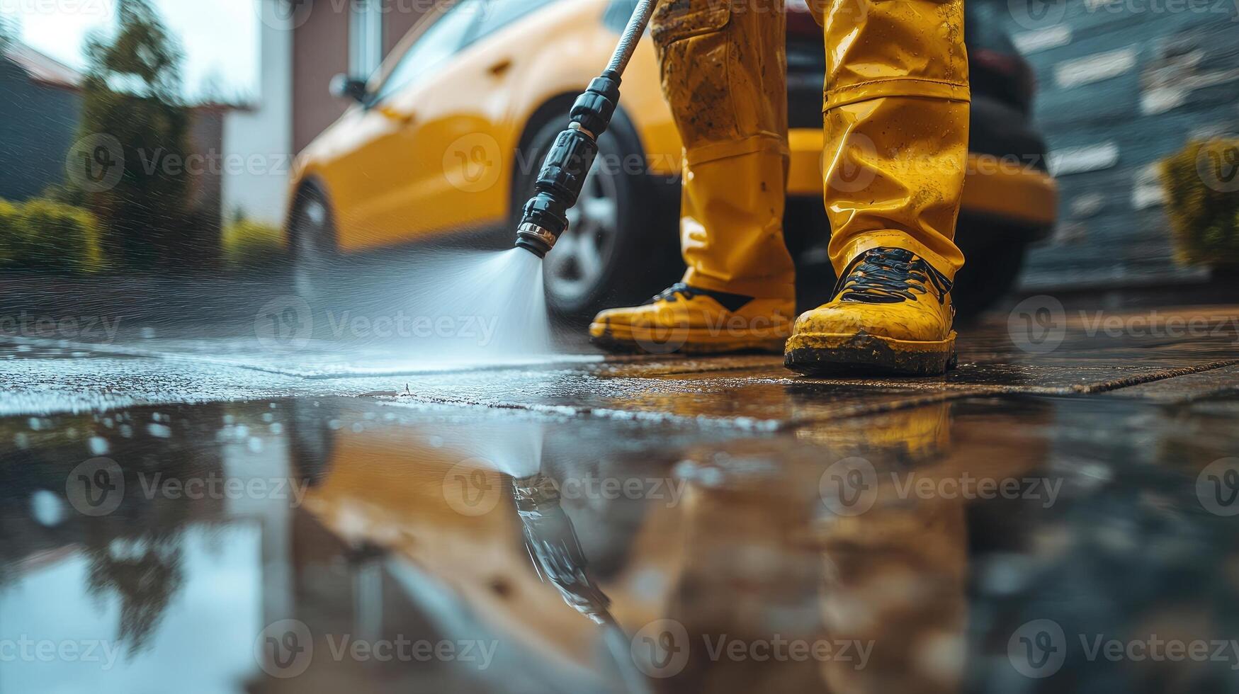 Worker is cleaning a driveway with a pressure washer photo