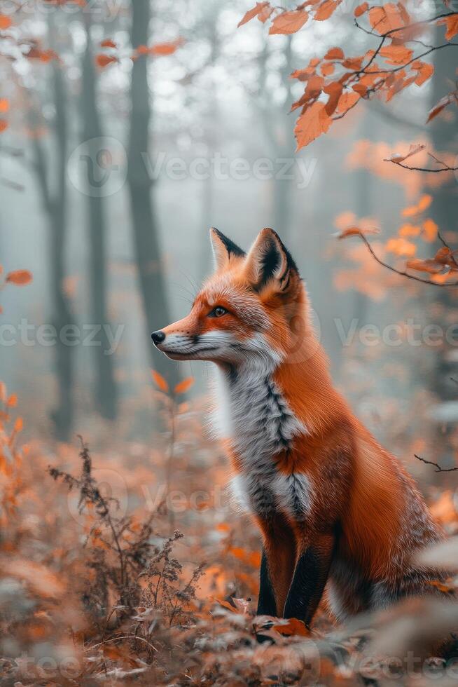 Red fox sitting in autumn leaves looking up photo