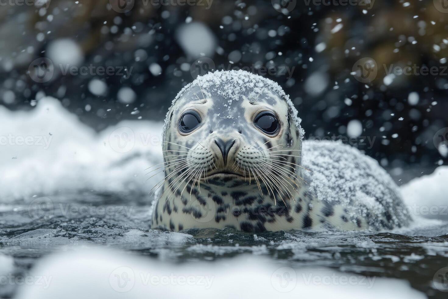 Baby harp seal relaxing on a snowy beach in winter photo