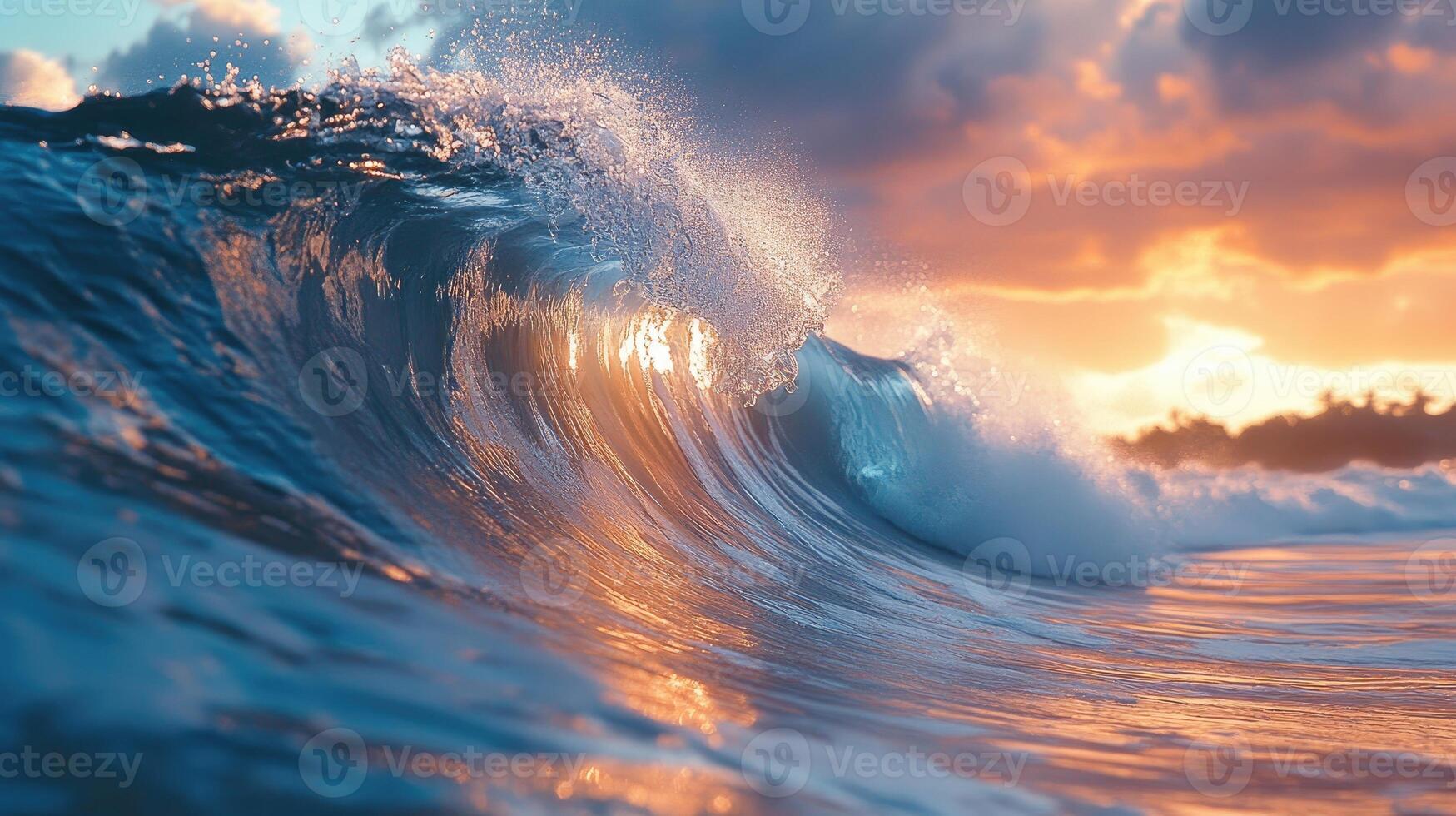 Big ocean wave breaking at sunset with golden light shining through photo