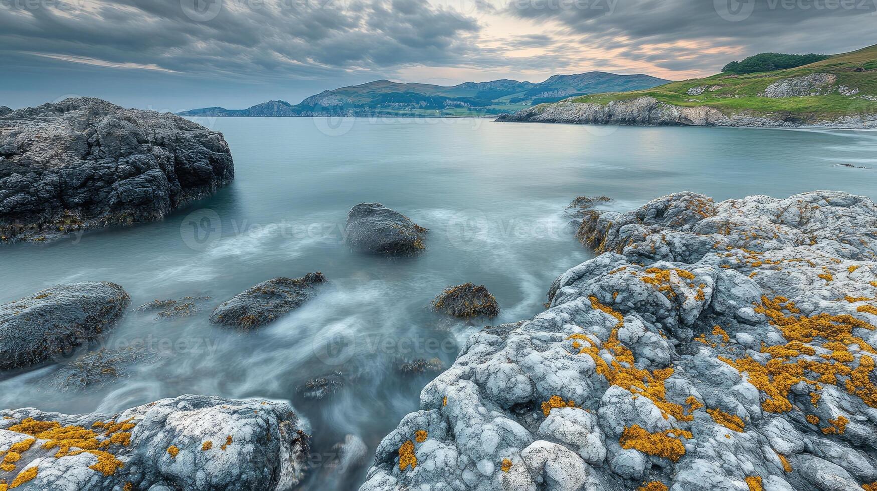 Ocean waves crashing on rocks with dramatic sky and cliffs in background photo