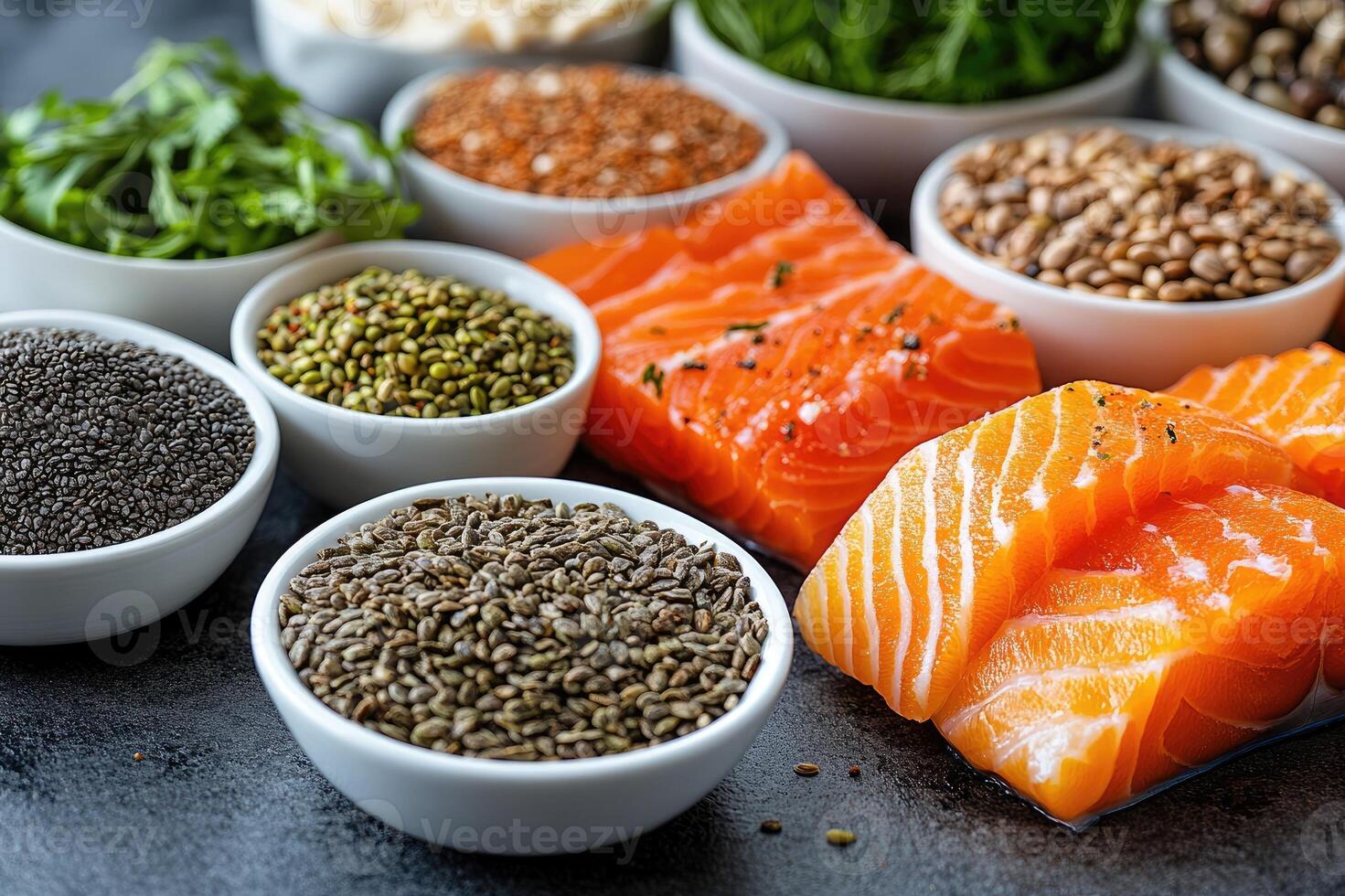 Selection of healthy food, rich in omega-3 fatty acids, antioxidants, vitamins and minerals photo