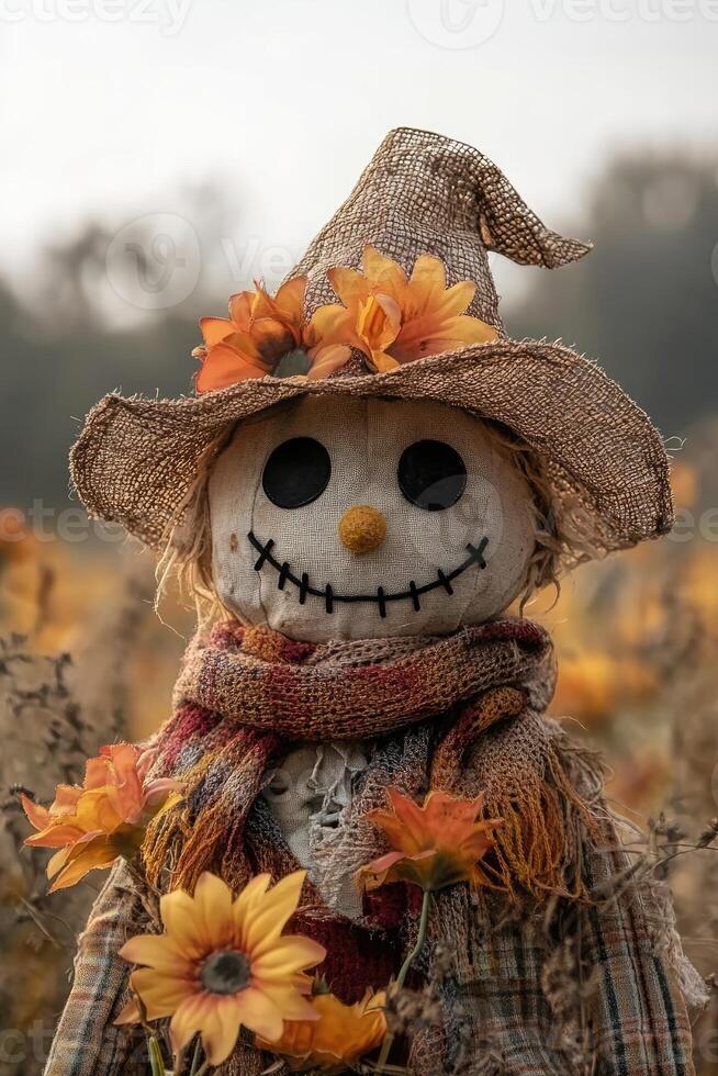 Scarecrow wearing a hat standing in a field of flowers photo