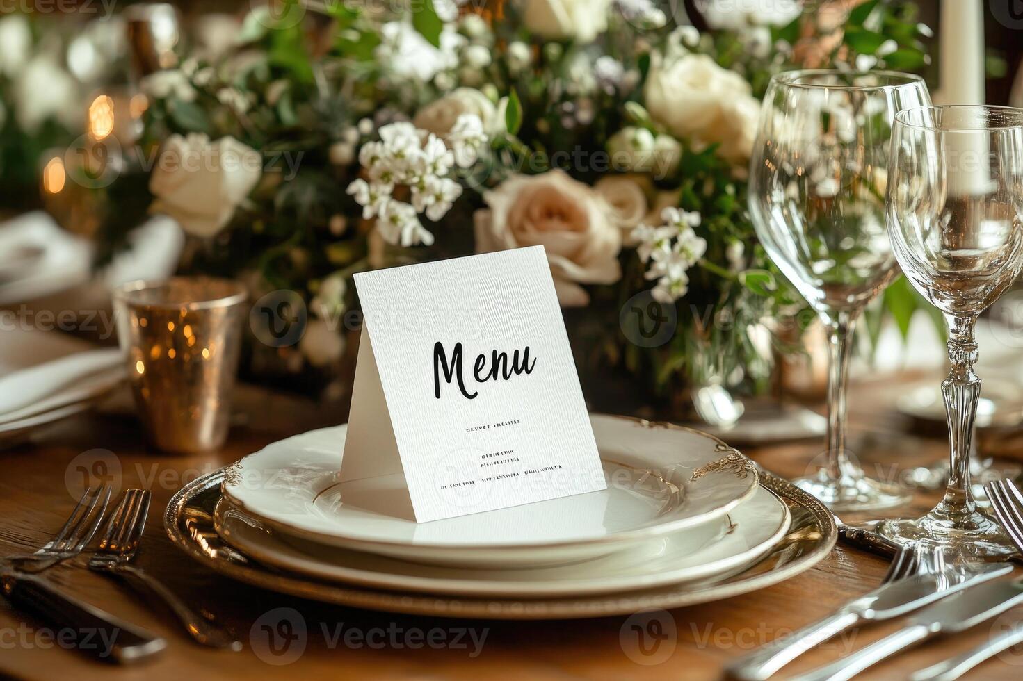 Elegant wedding reception table setting with menu and flowers photo