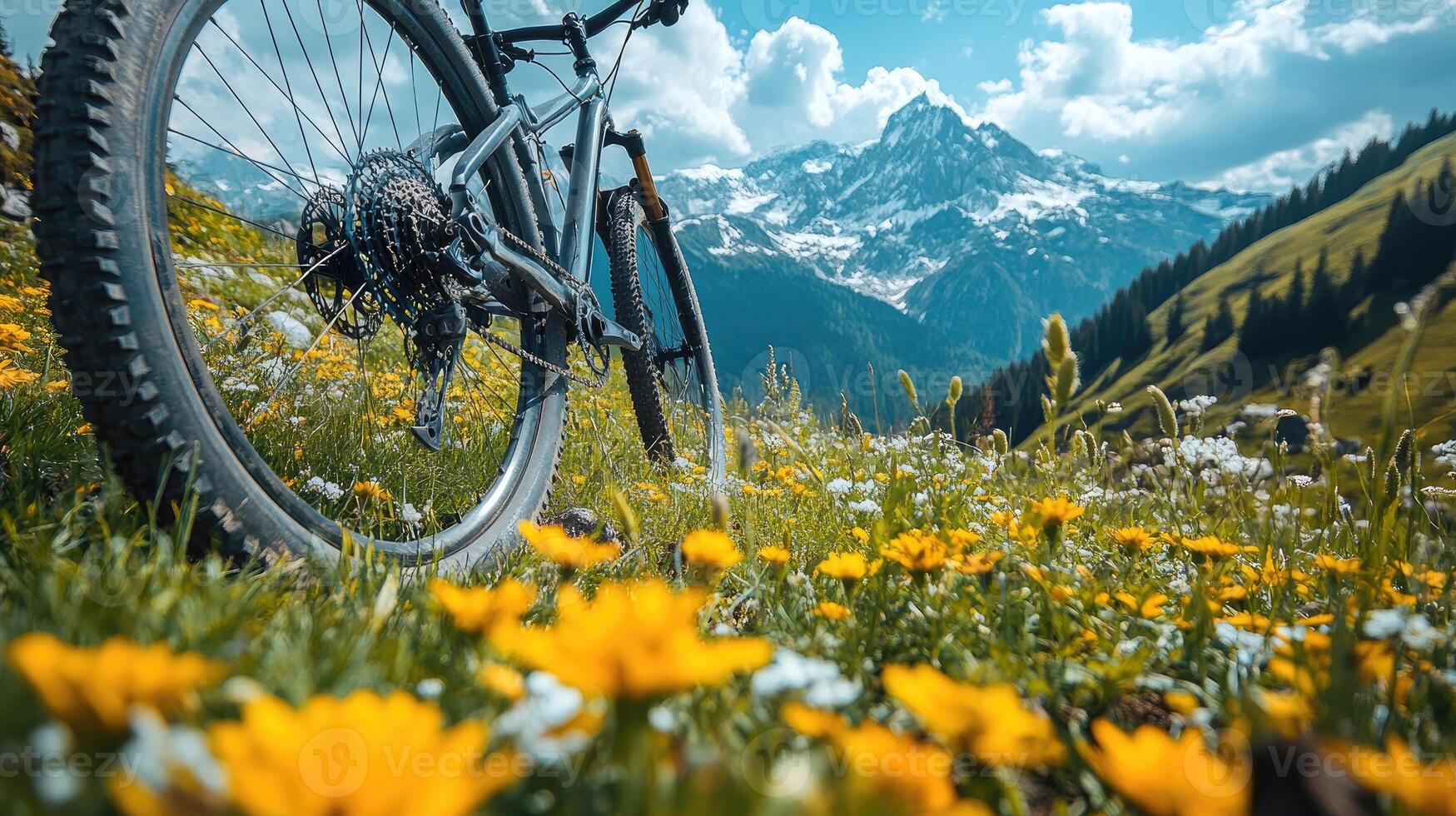 Fat bike standing on mountain bike trail with wildflowers blooming photo