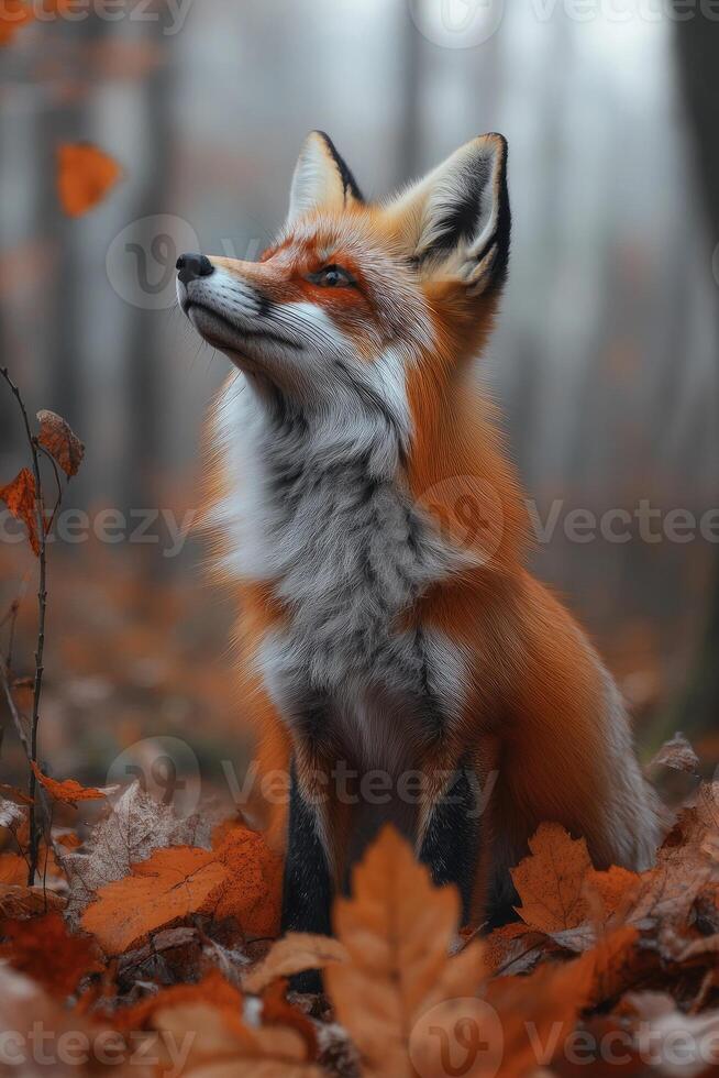 Red fox sitting in autumn leaves looking up photo