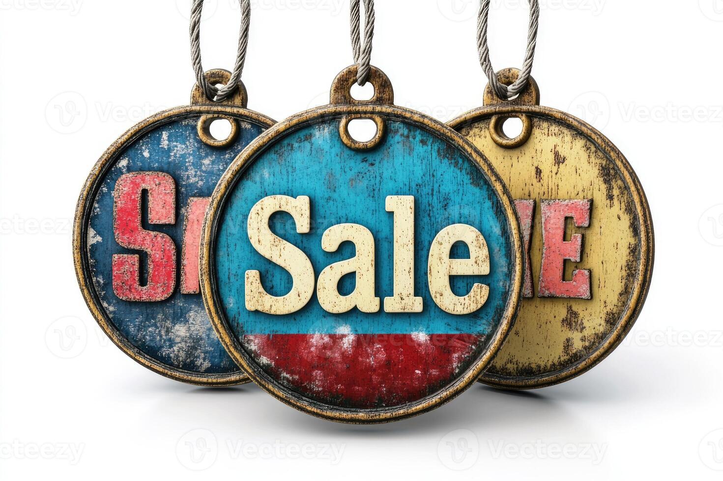 Three hanging vintage metal sale tags with scratched surface photo