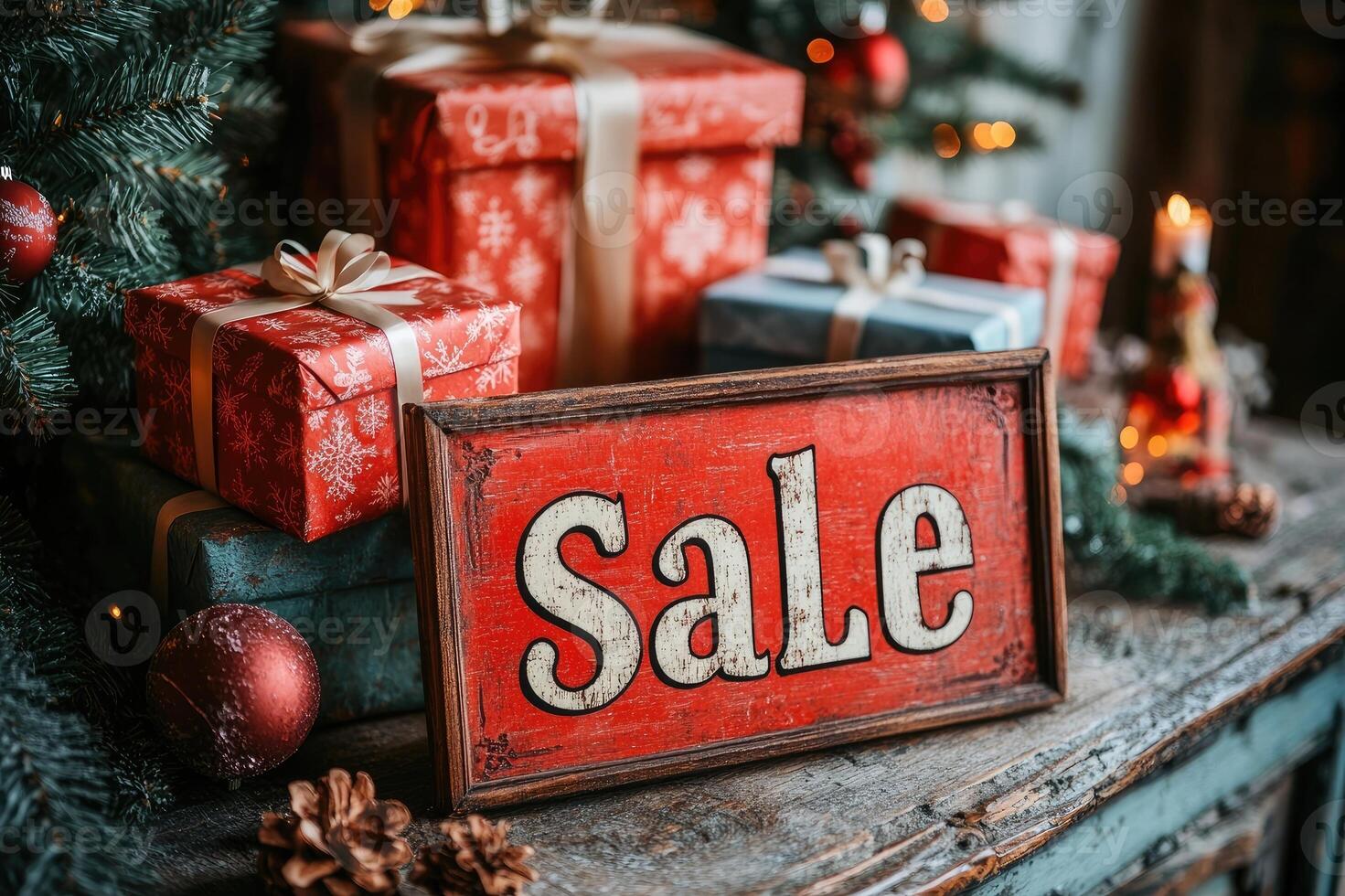Christmas presents under the tree with sale sign displayed on rustic wood table photo