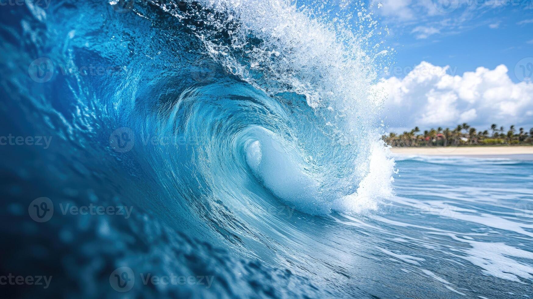 Powerful ocean wave curling and breaking in turquoise water photo