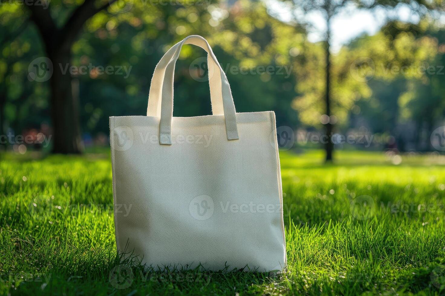 White reusable canvas tote bag standing on green grass in park photo