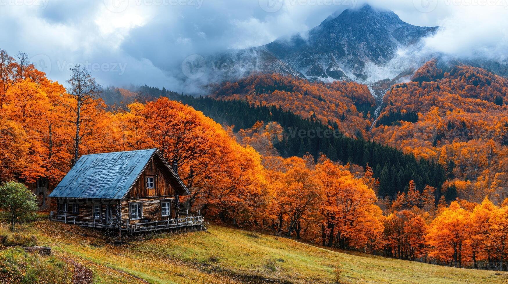 Small wooden chalet is nestled in a colorful autumn forest photo