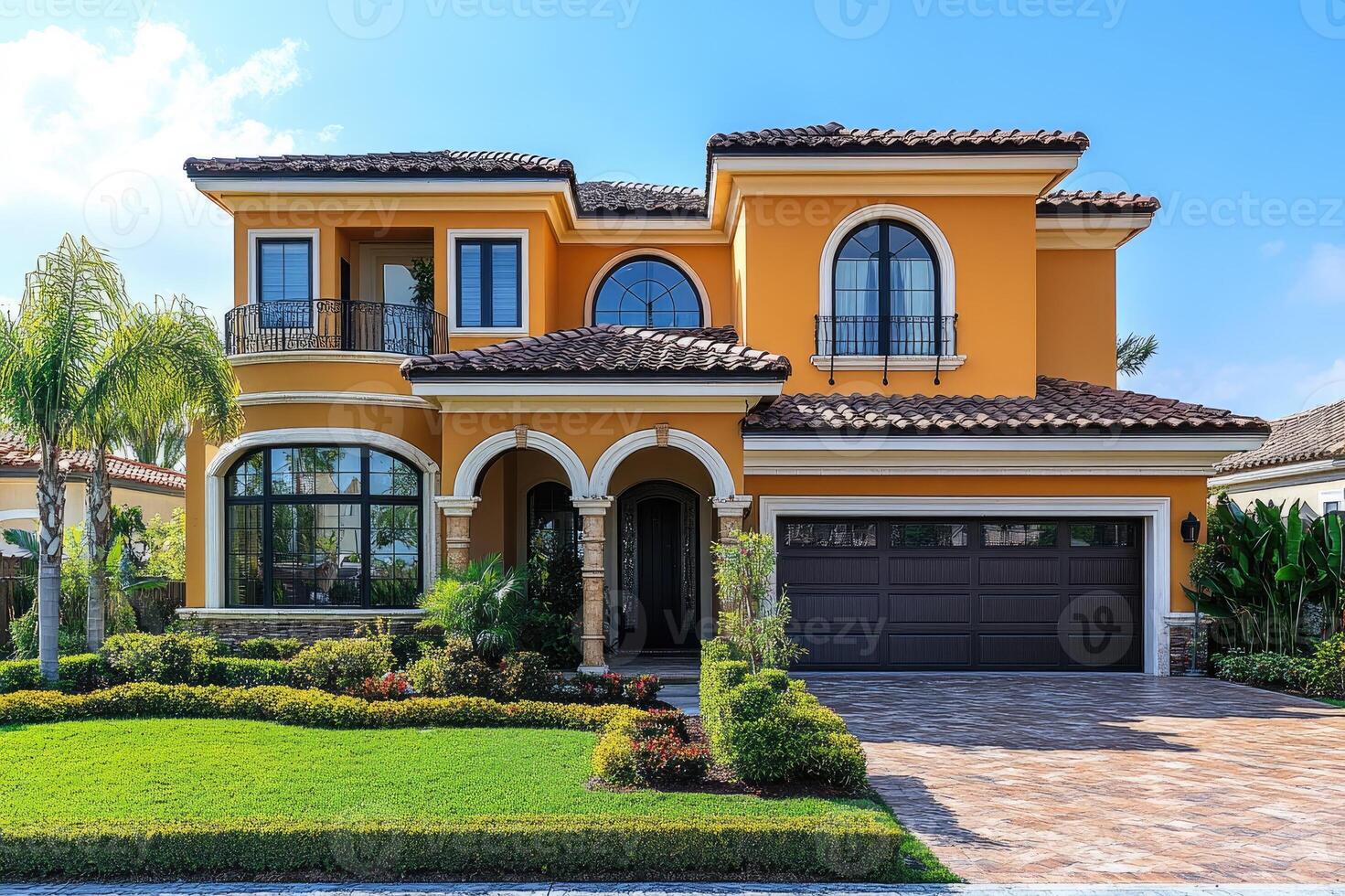 Large, luxurious home with orange stucco exterior and tile roof on sunny day photo