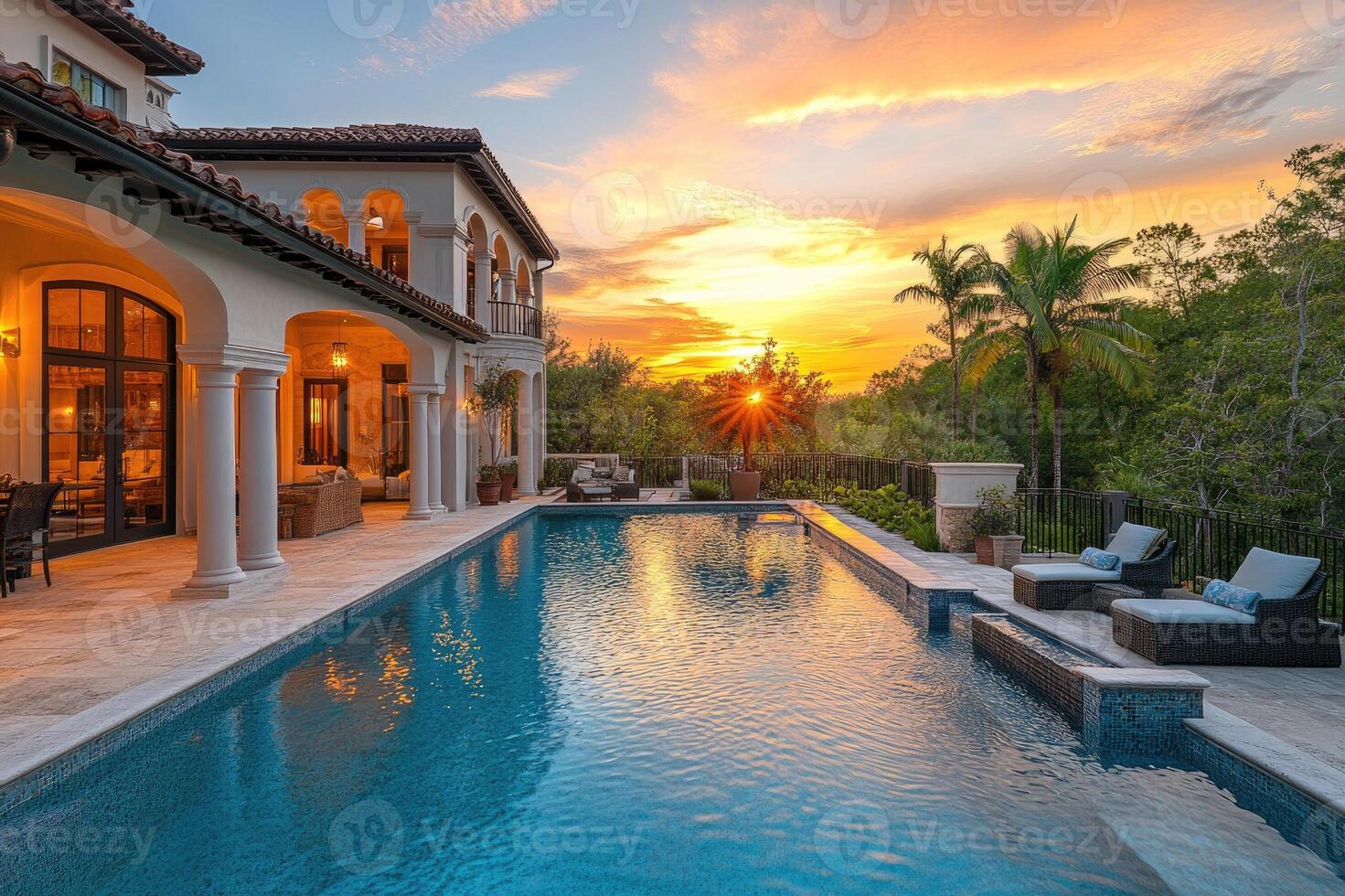 Luxurious swimming pool reflecting a breathtaking sunset in florida photo