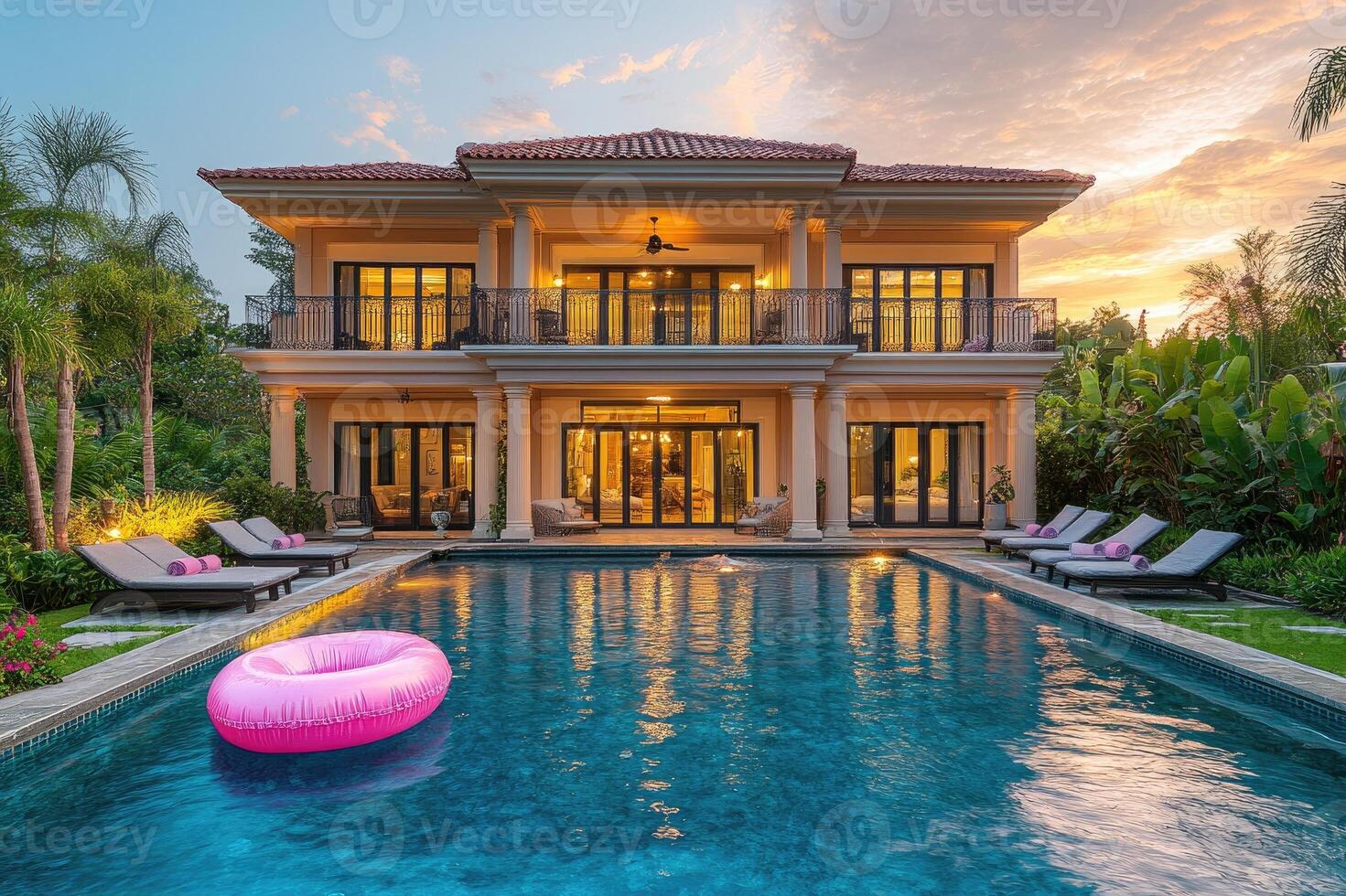 Luxurious villa with illuminated swimming pool reflecting the evening sky photo