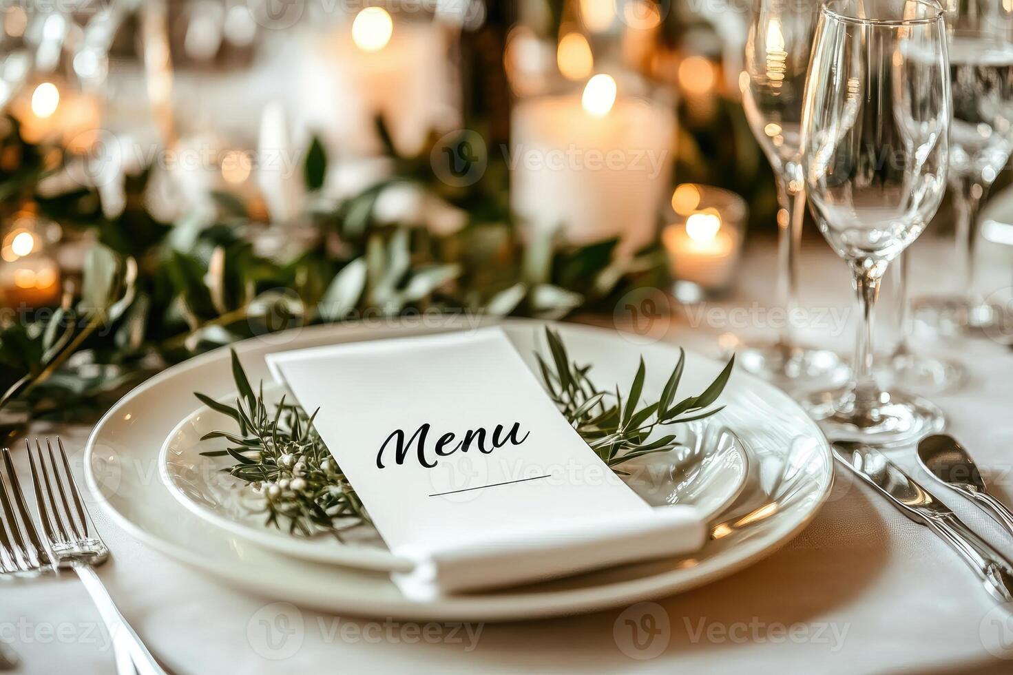 Elegant wedding reception table setting with menu and flowers photo
