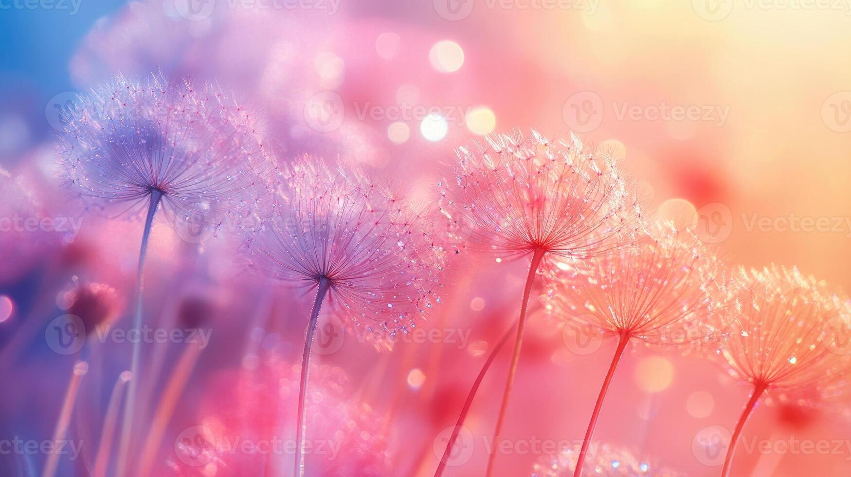 Dandelion seeds with water drops sparkling on colorful bokeh background photo