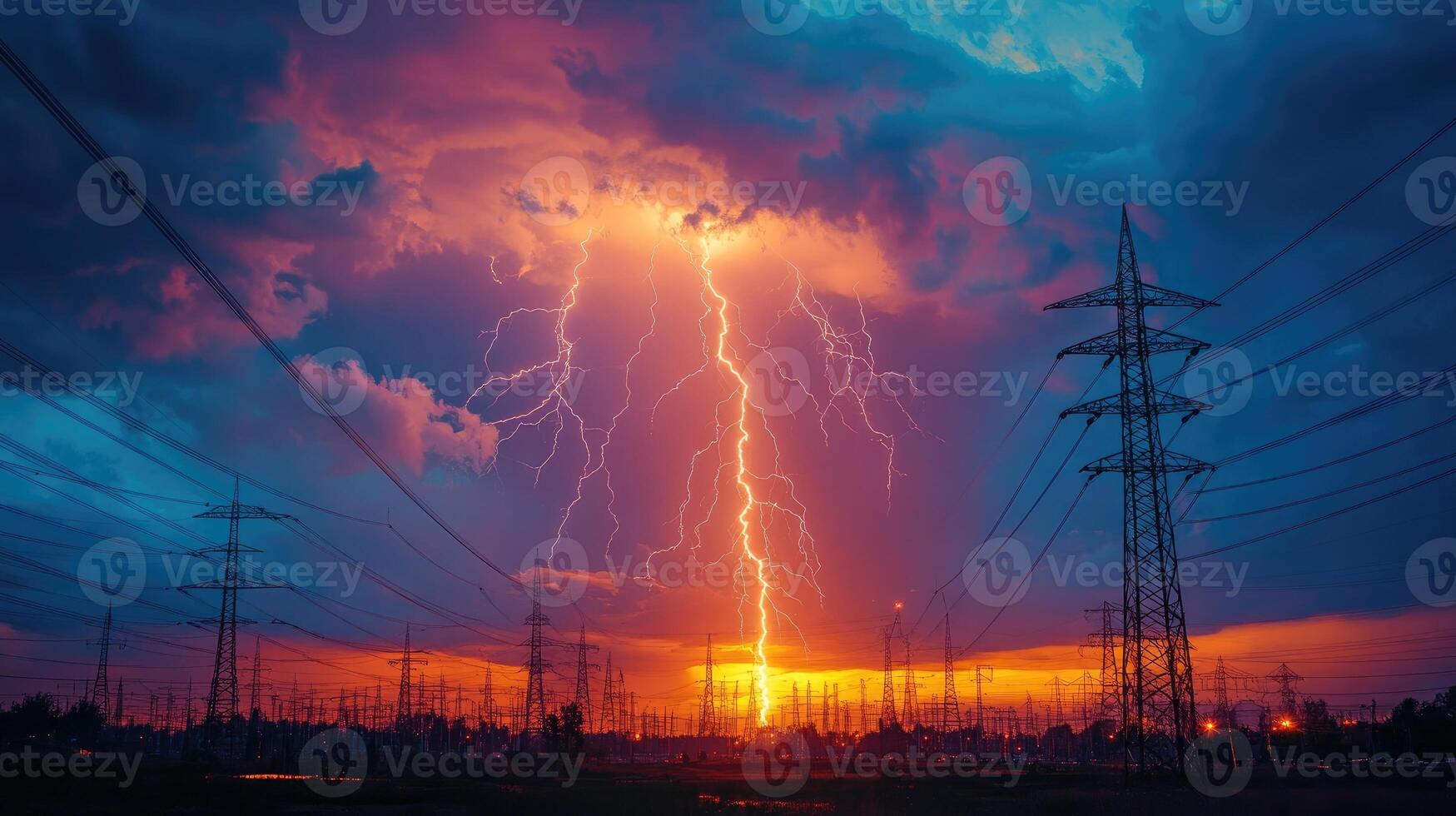Lightning striking near the city at night with power lines photo