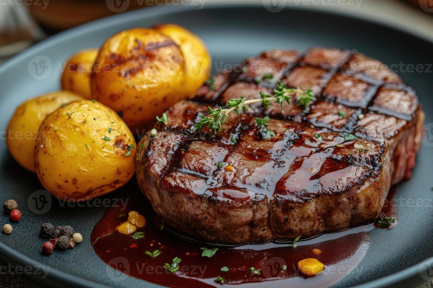 Juicy grilled steak lying on black plate with potatoes photo