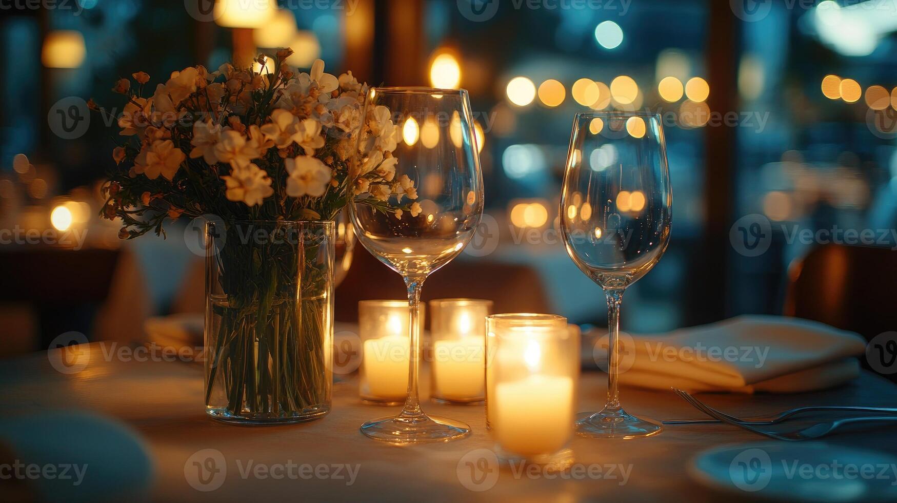 Romantic dinner table setting with candles and flowers in restaurant photo