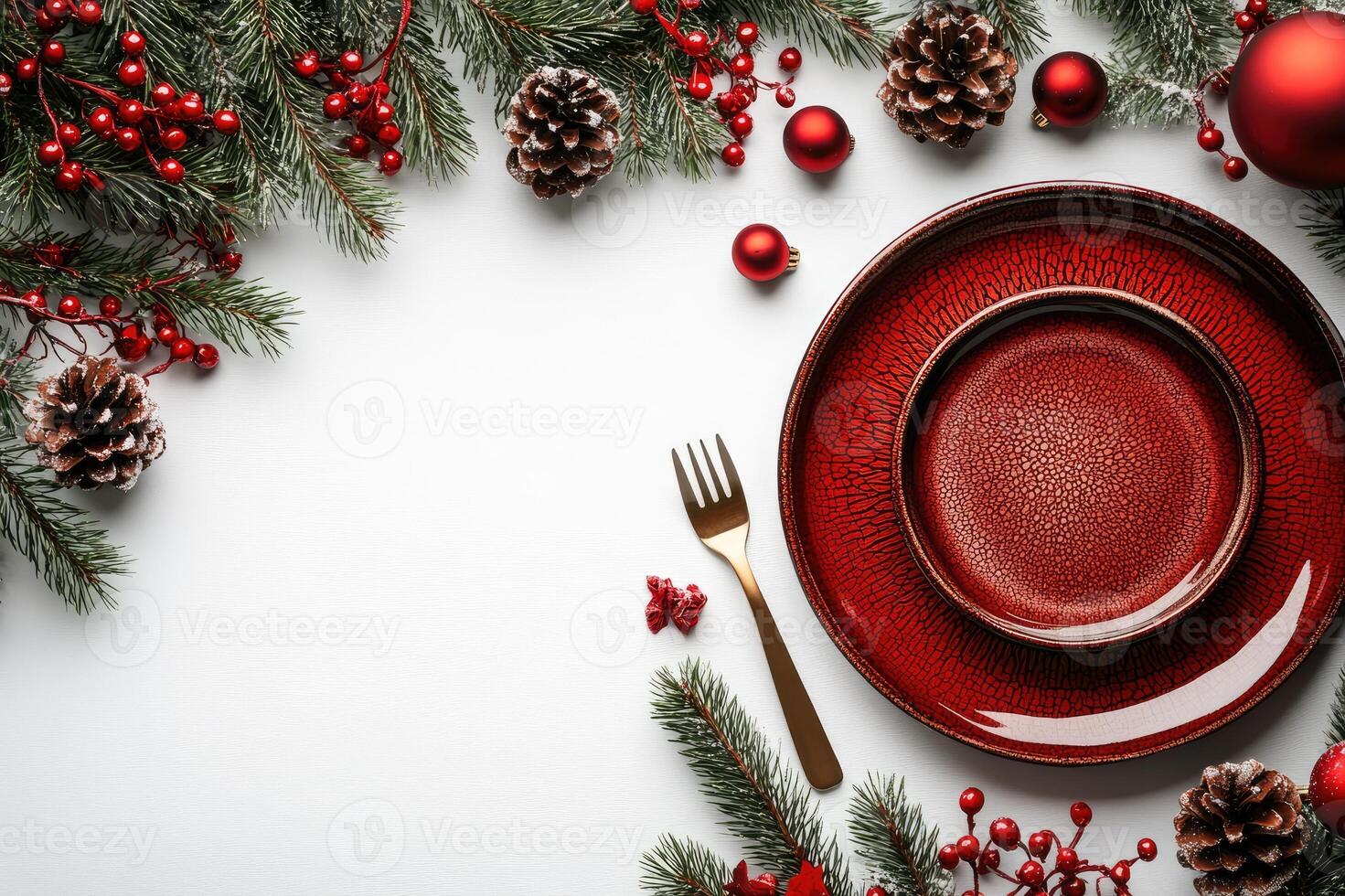 Beautiful christmas table setting with red plates, candles and decorations photo