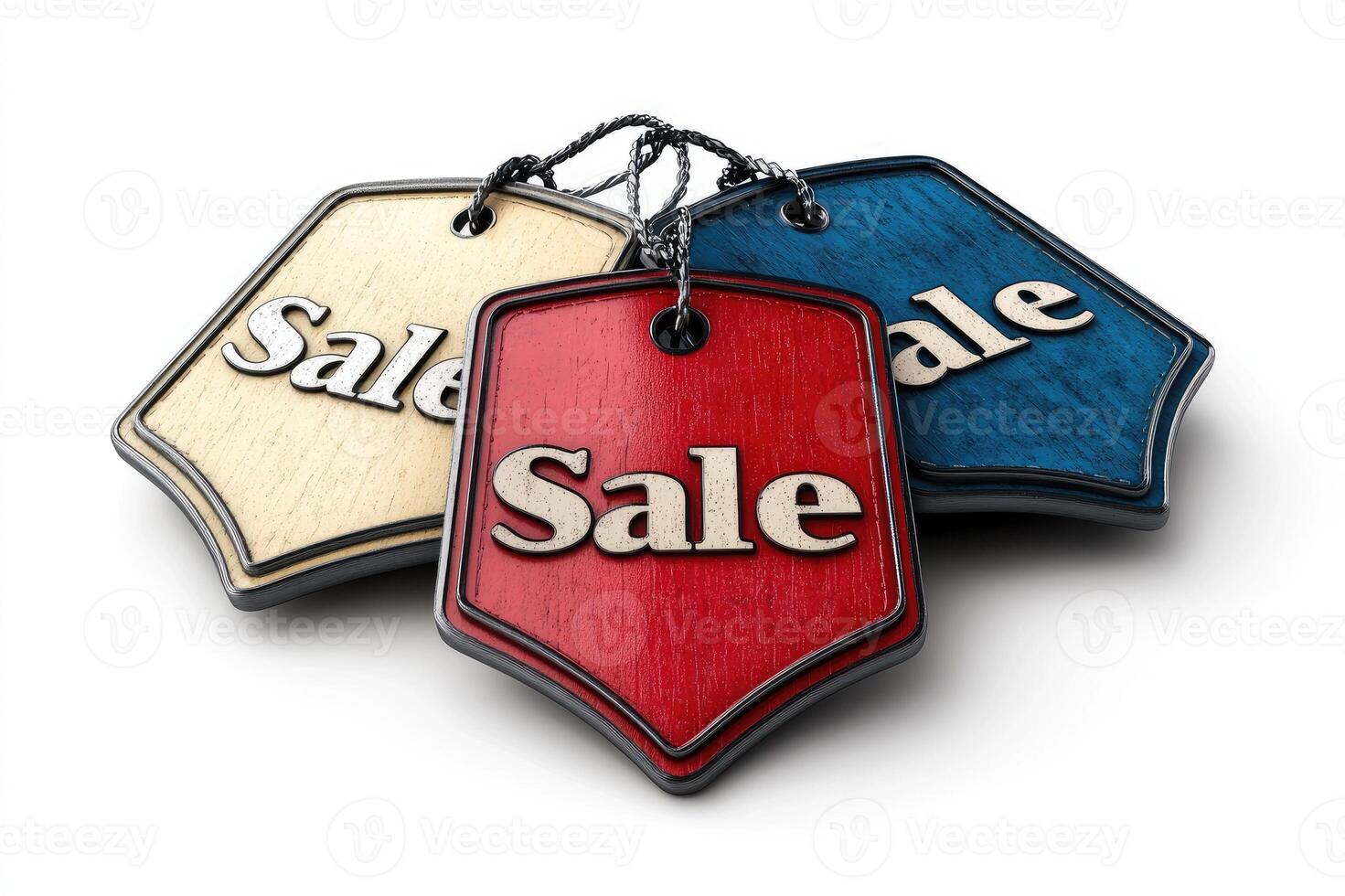 Three wooden sale tags hanging on white background photo