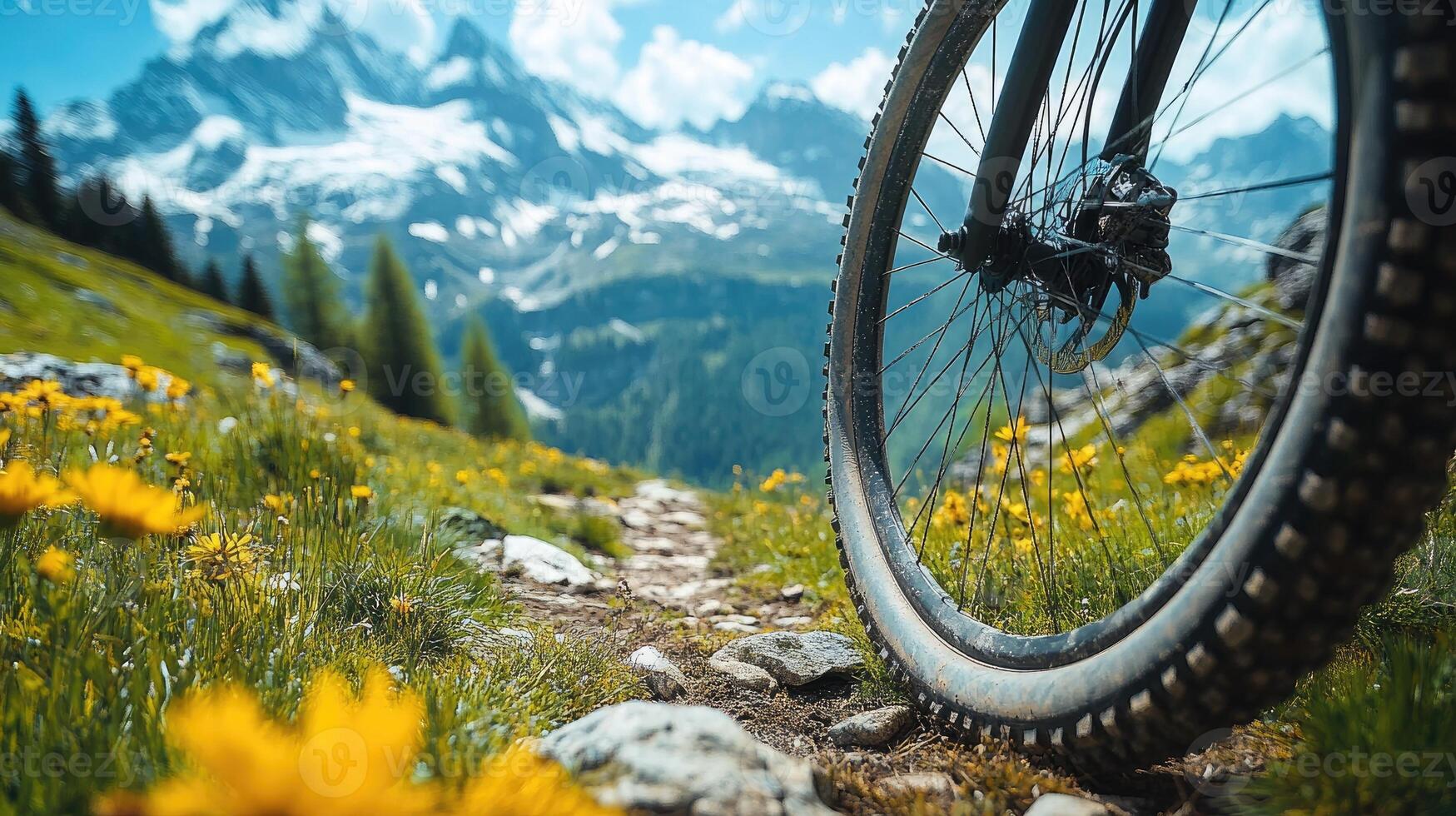 Mountain bike standing on a trail surrounded by wildflowers in the alps photo