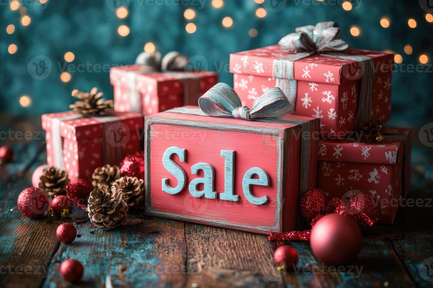 Christmas presents in red boxes with sale sign on rustic wood with sparkling lights photo