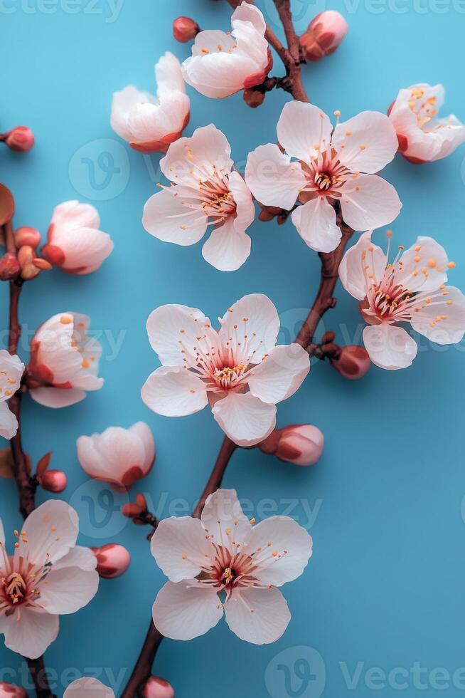 Branches of blooming peach tree lying on pastel blue background photo