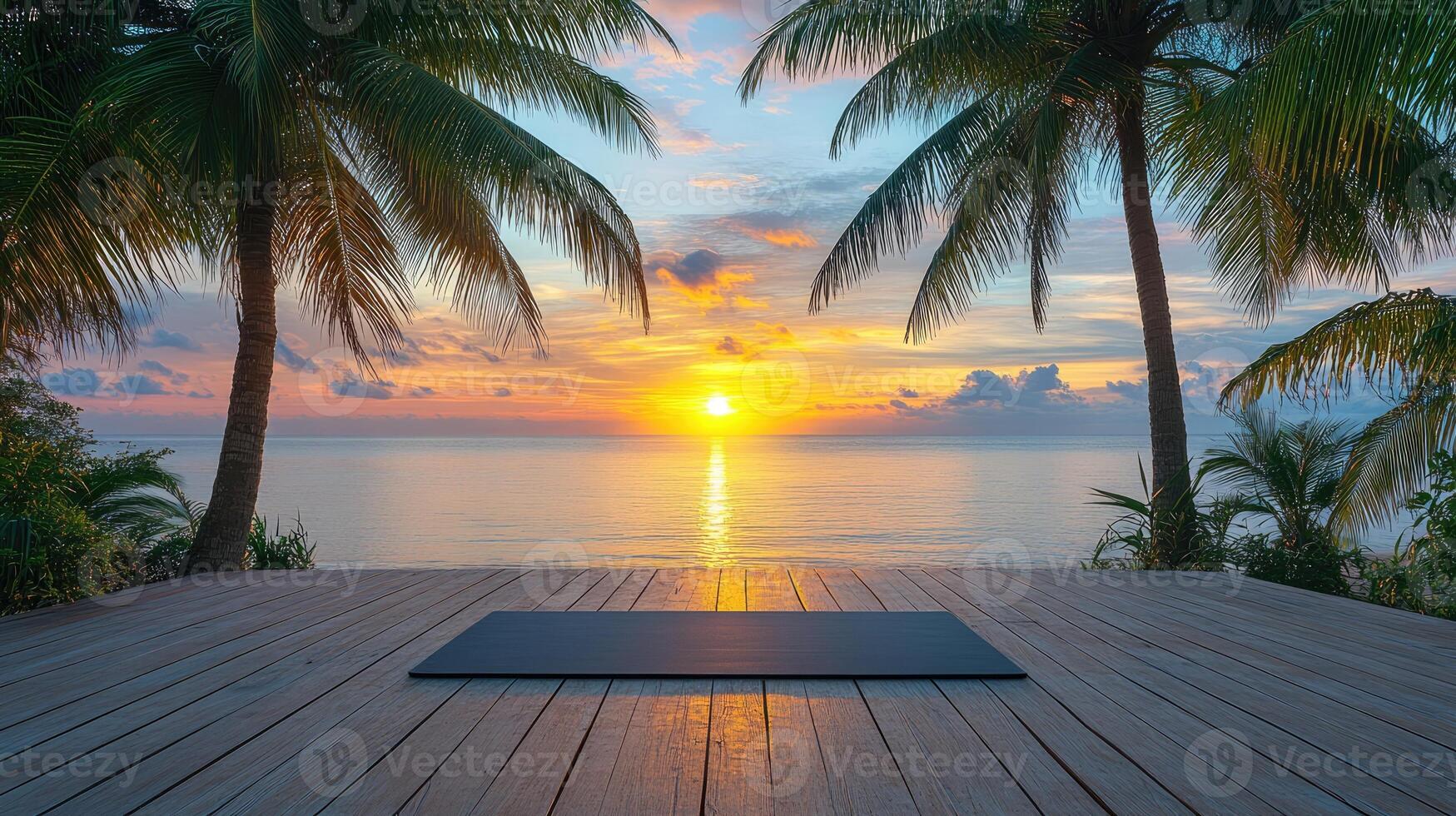 Yoga mat lying on wooden deck overlooking tropical ocean sunset with palm trees photo