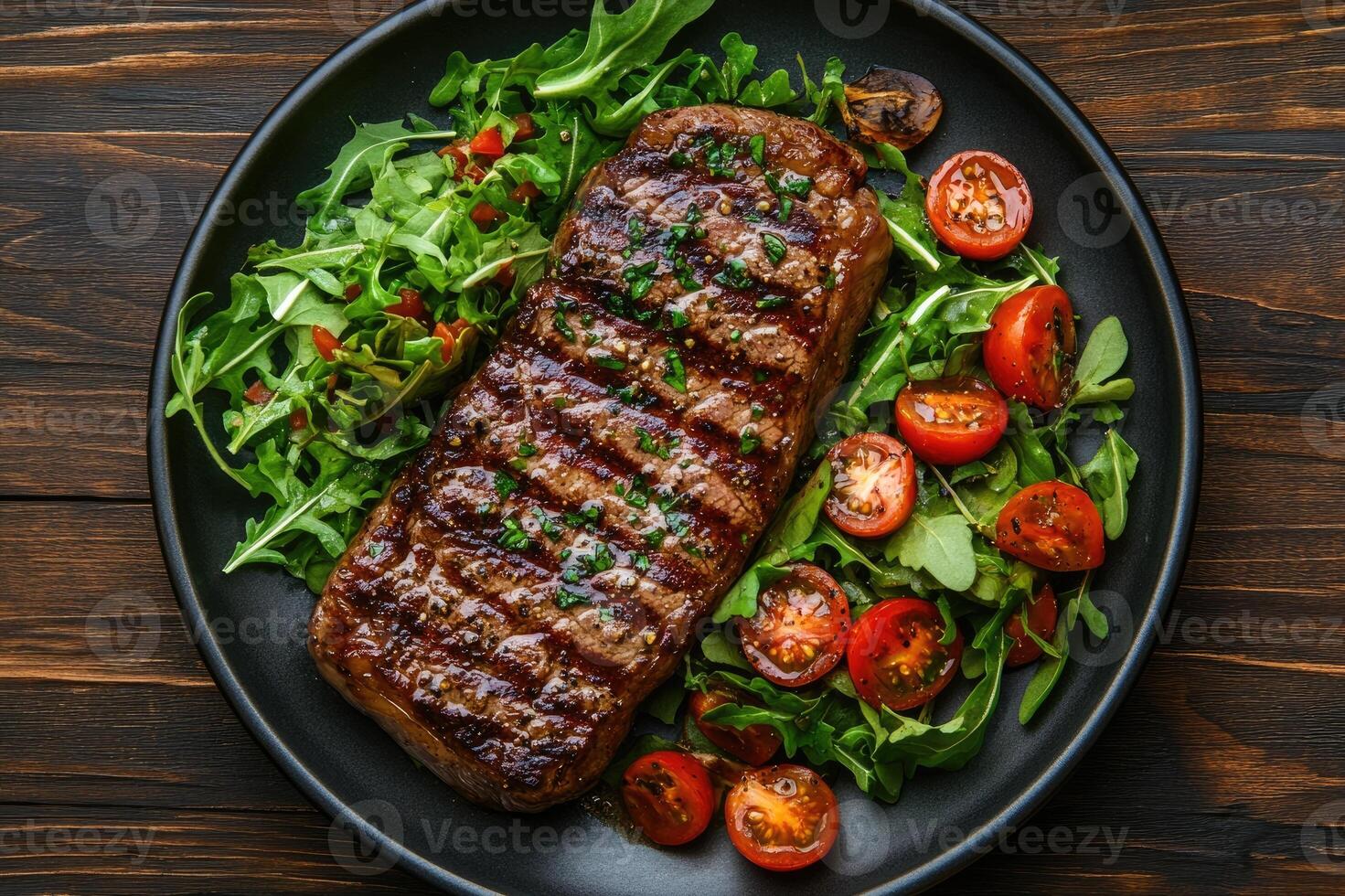 Grilled striploin steak with salad on black plate resting on rustic wooden table photo