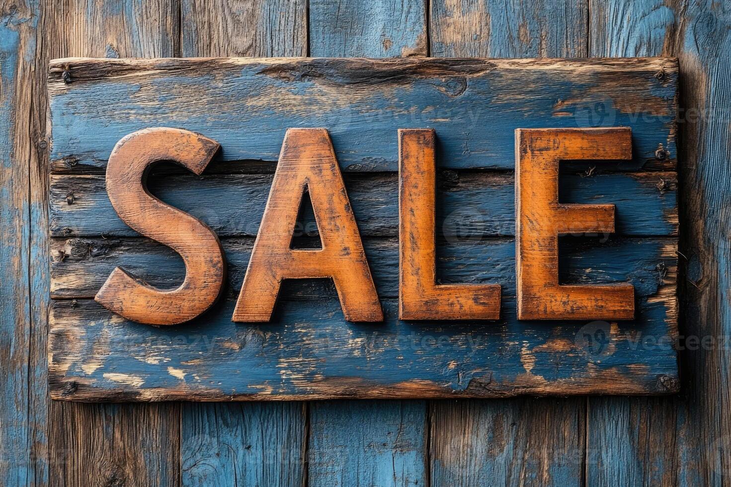 Rustic wooden sale sign hanging on wooden wall photo